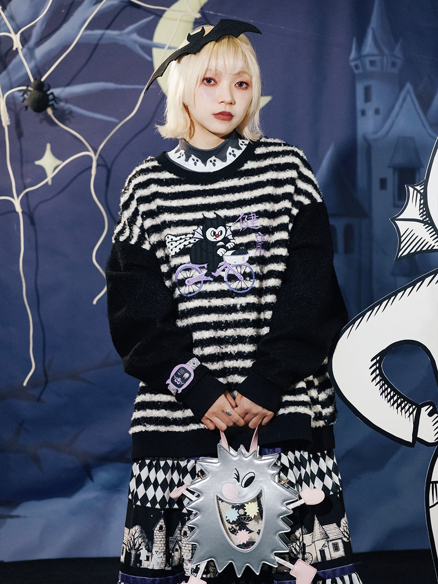 Striped Bat Bicycle Fuzzy Sweater