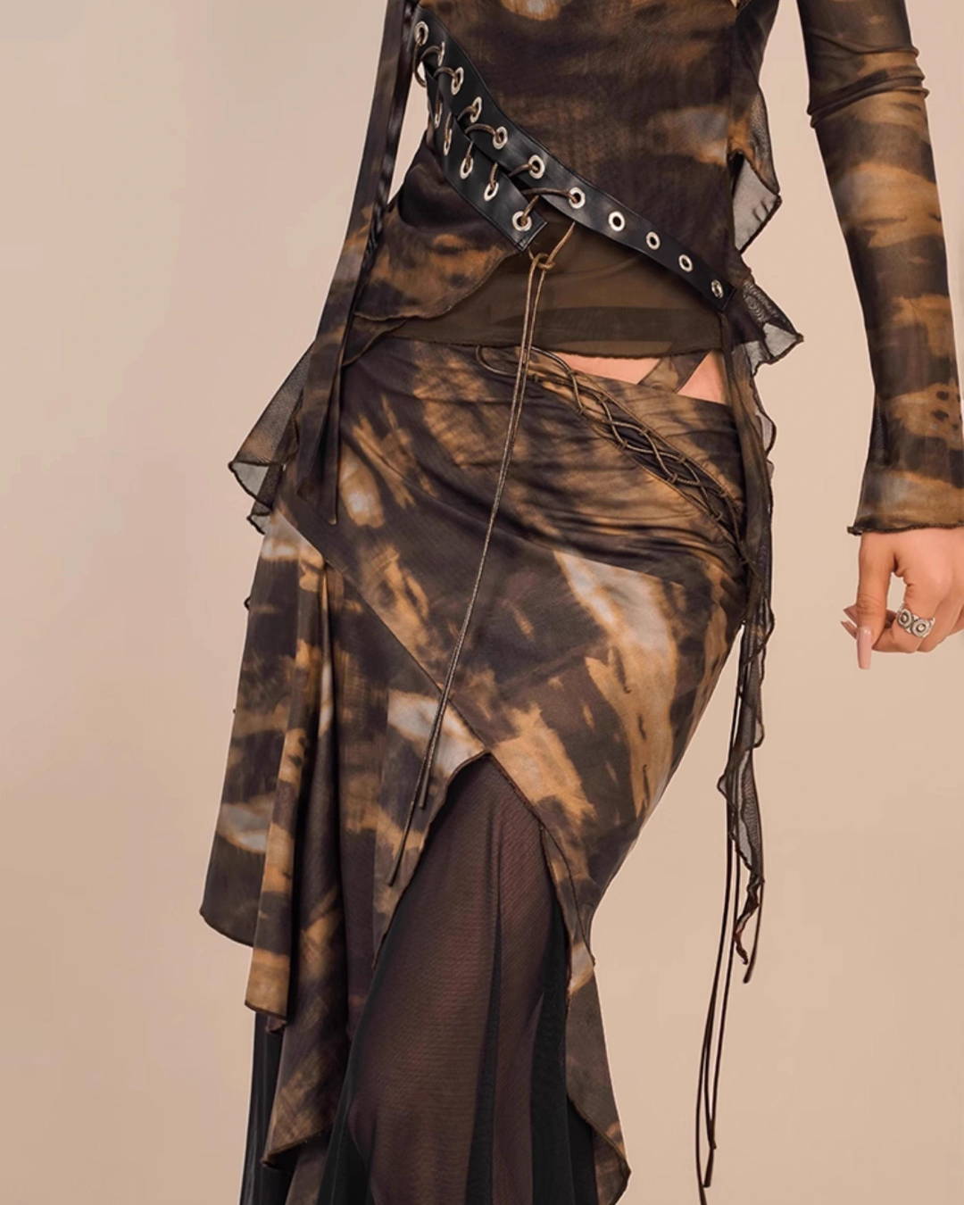 Nico Molly Abstract Tie-Dye Asymmetrical Skirt - Brown and Black