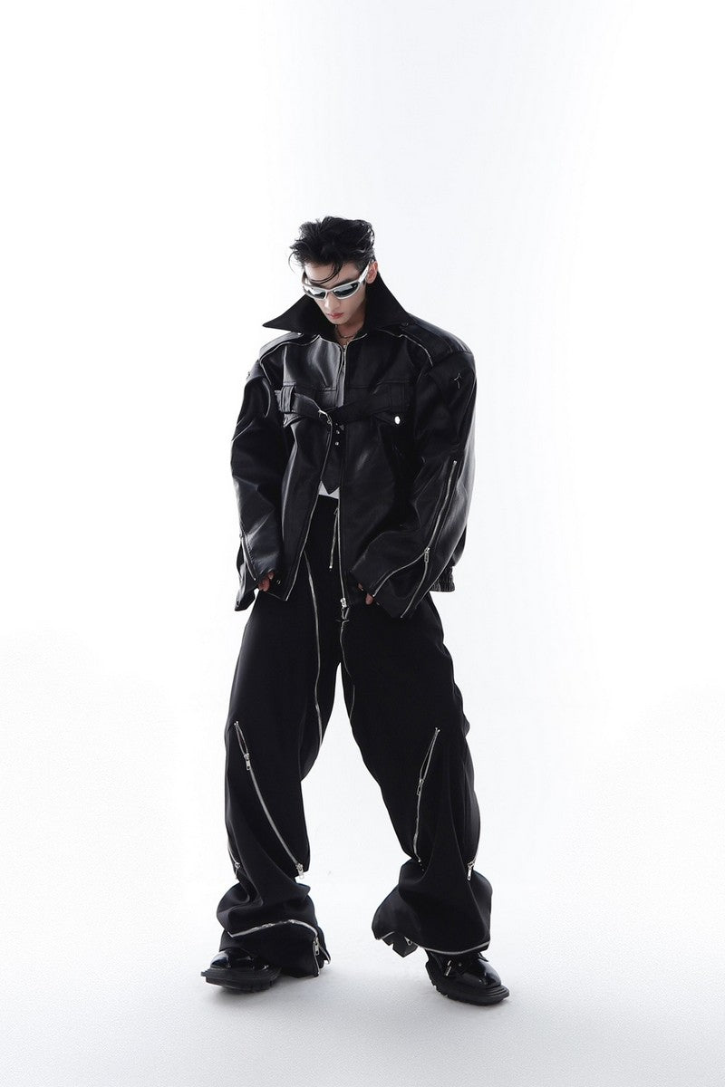 Zipper Leather Jacket With Logo