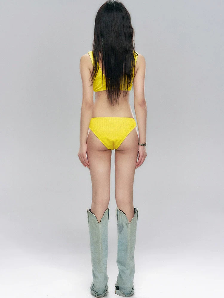Yellow Textured Bikini Set with Matching Sarong Skirt