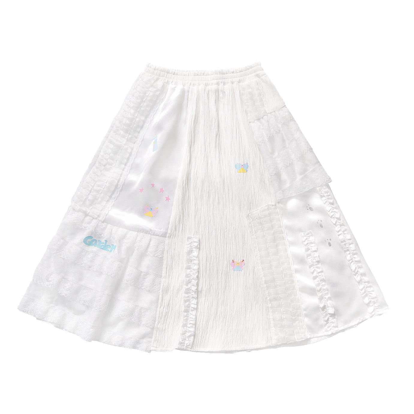 White Patchwork Embroidered Ruffle Circle Skirt