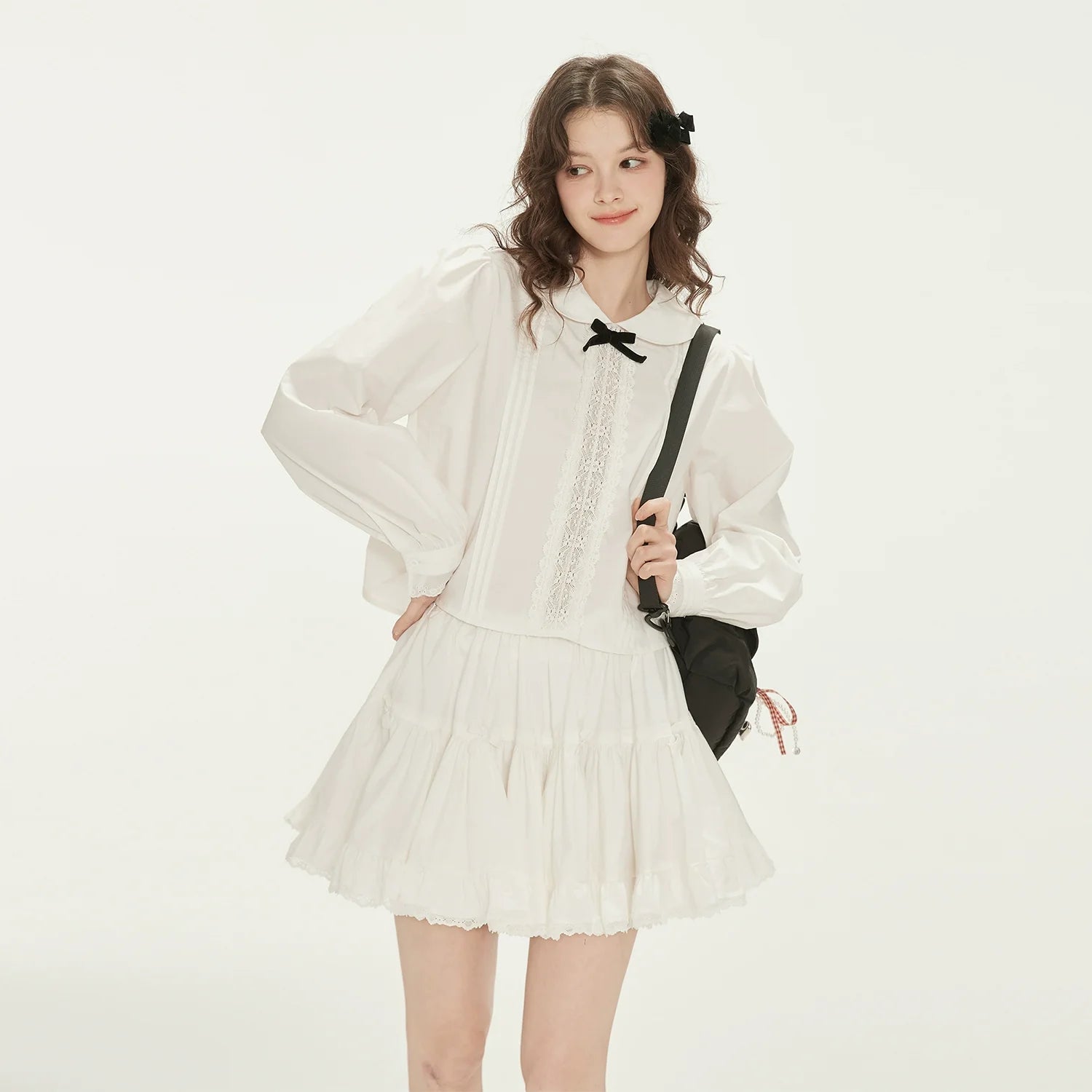 White Lace Peter Pan Collar Blouse and Skirt Set