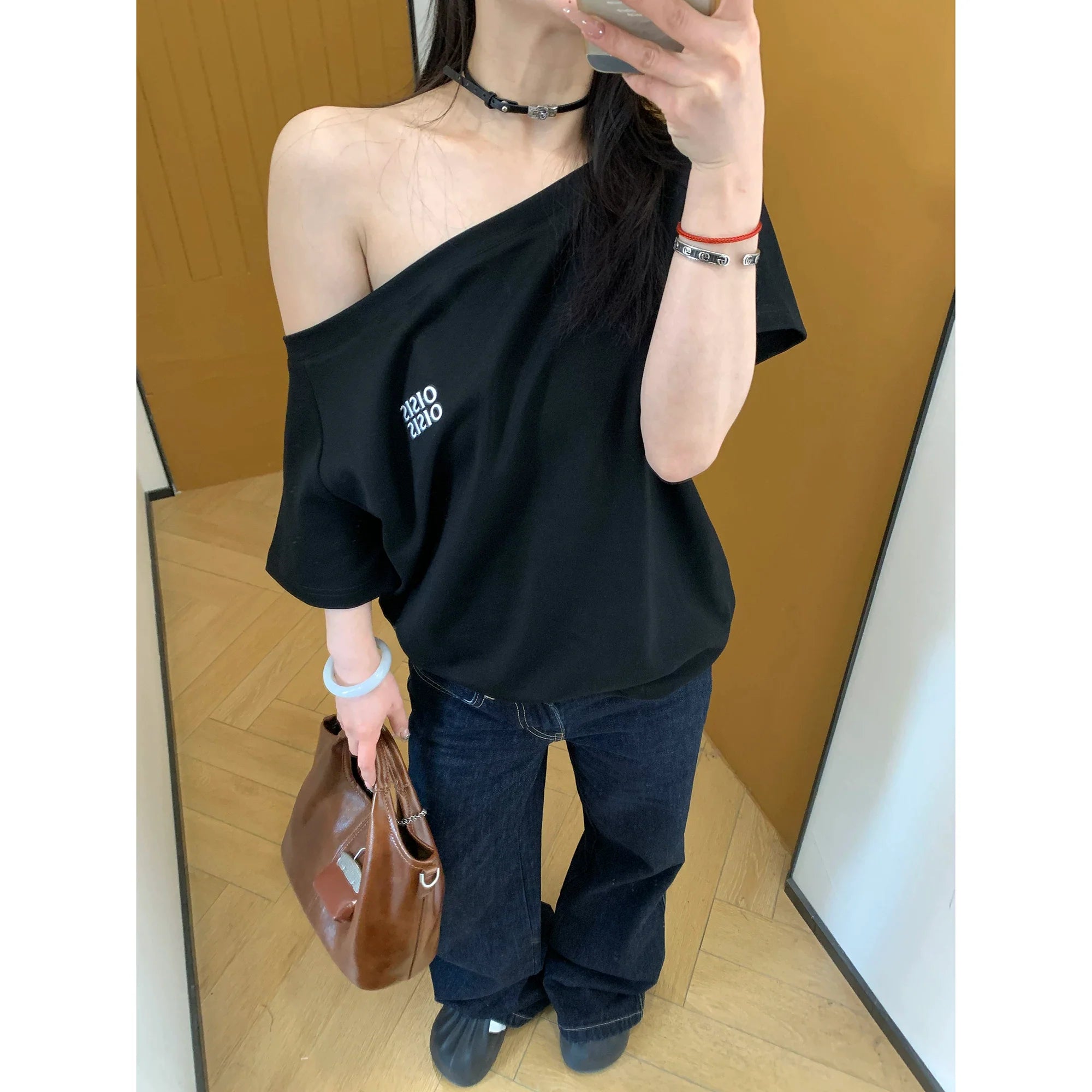 Ash Off-Shoulder Logo Tee