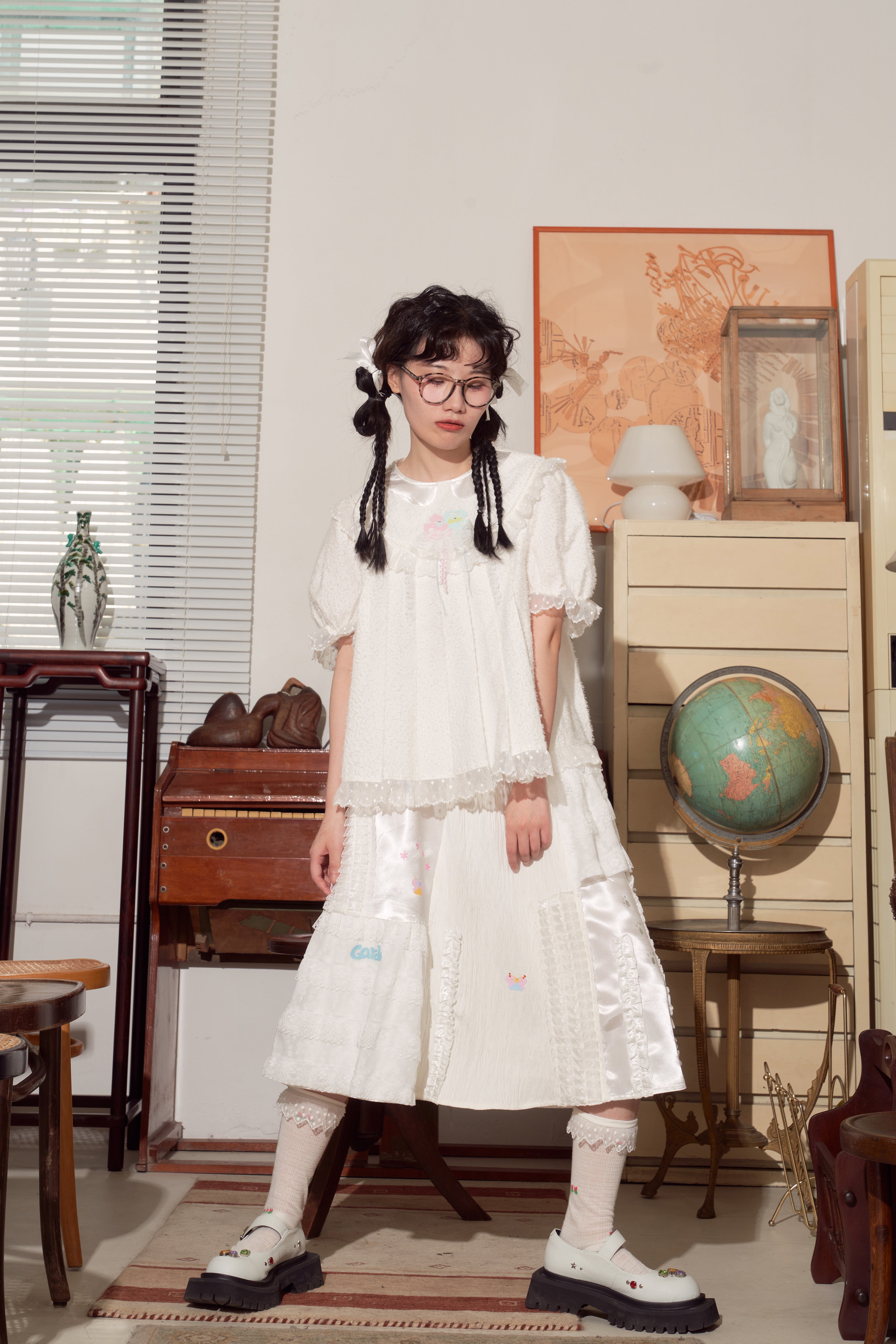 White Patchwork Embroidered Ruffle Circle Skirt