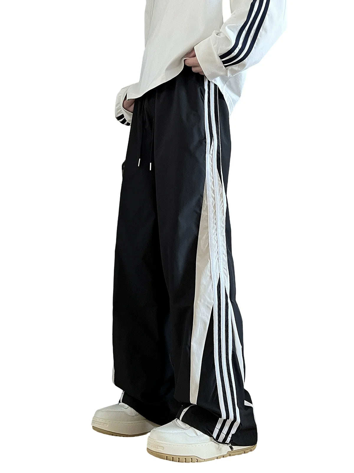 Wide-Leg Black Track Pants with White Side Stripes