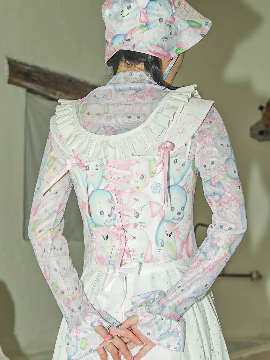 Sweet Bunny Print Bow Strap Corset