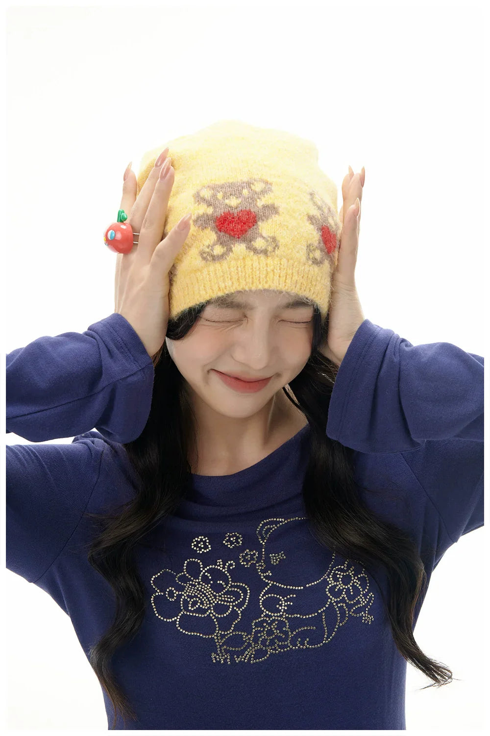 Heart Pattern Knit Beanie Yellow