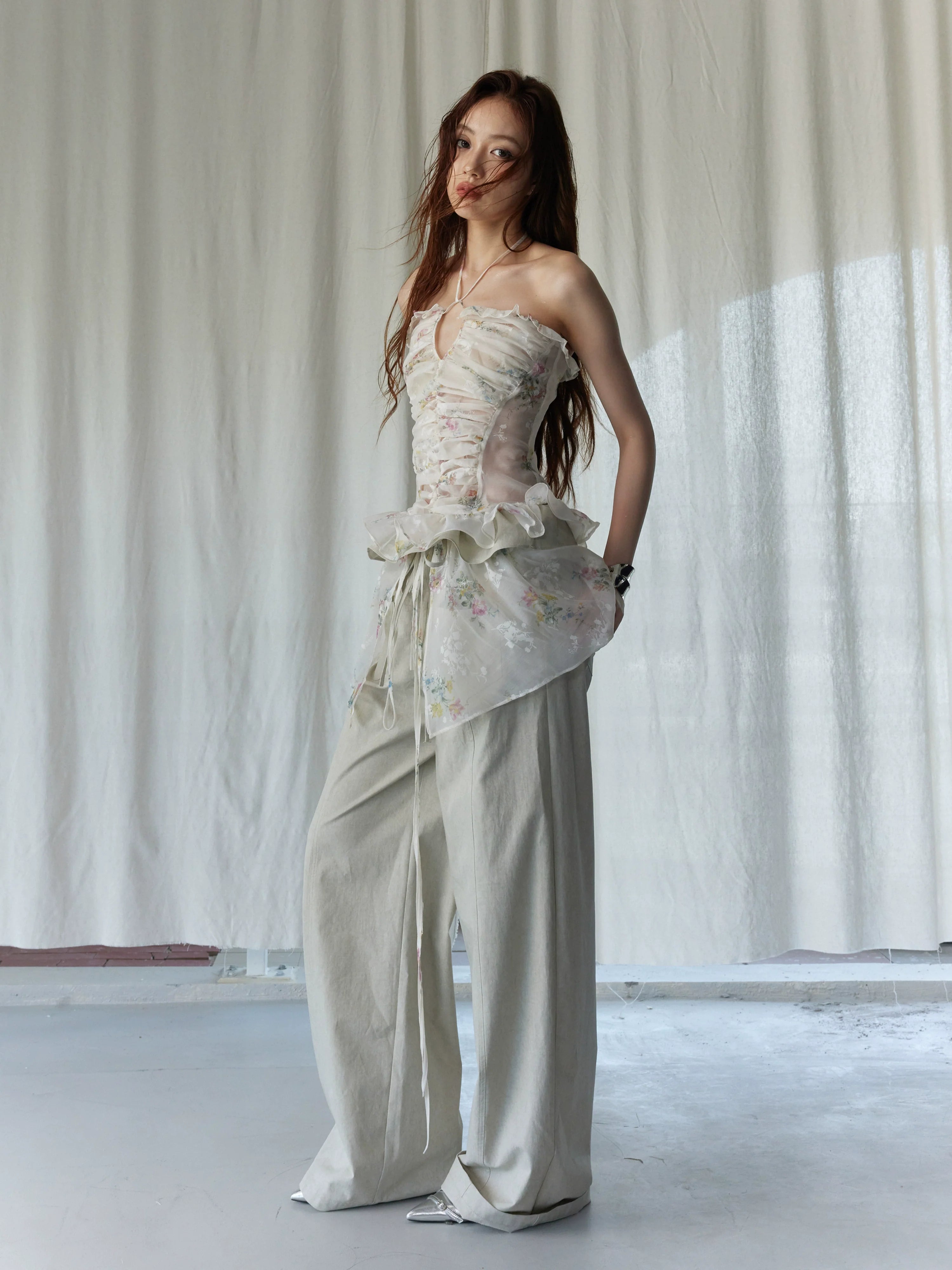 Beige Overlay Wide Pants