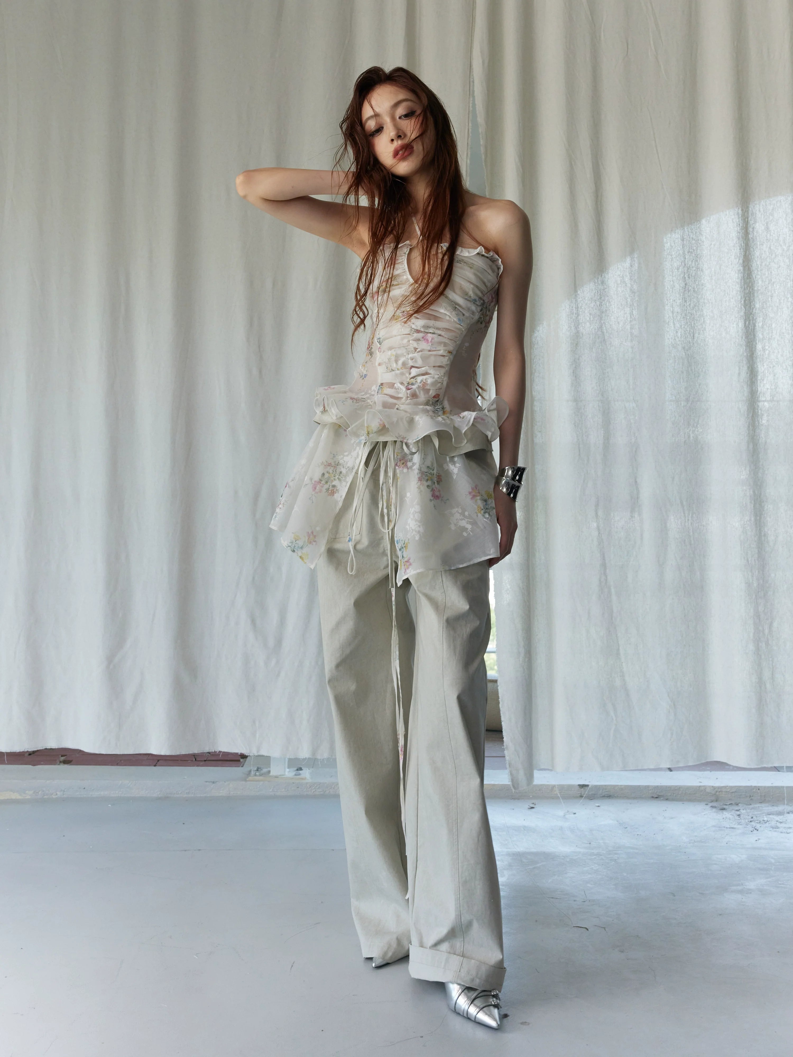 Beige Overlay Wide Pants