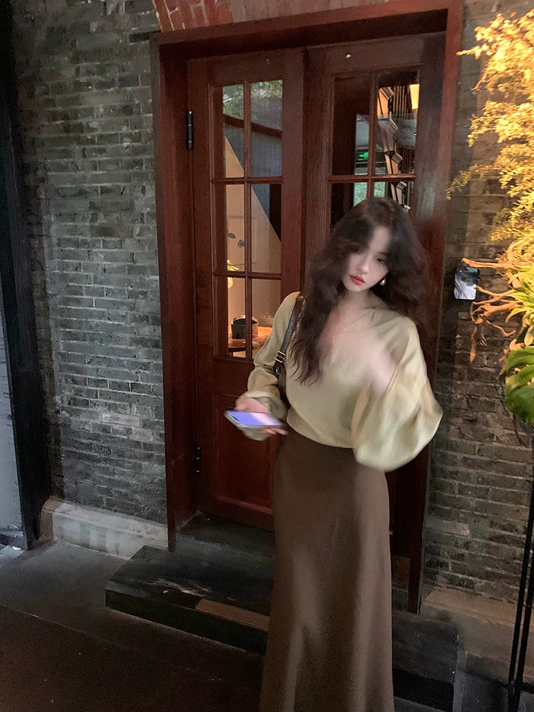 Twill Swing High-Waisted A-Line Midi Skirt