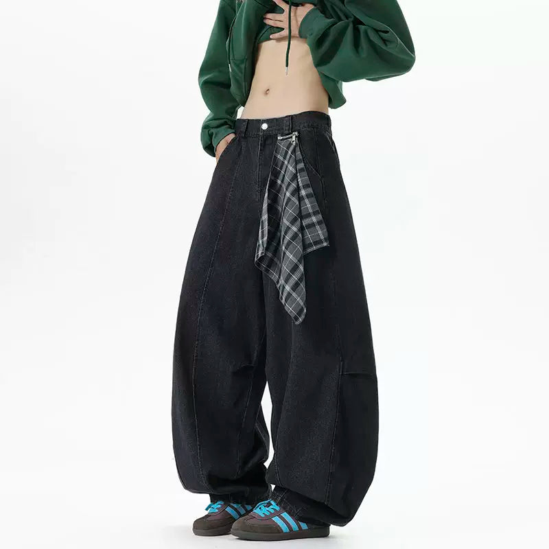 Plaid-Tie Barrel Denim Pants