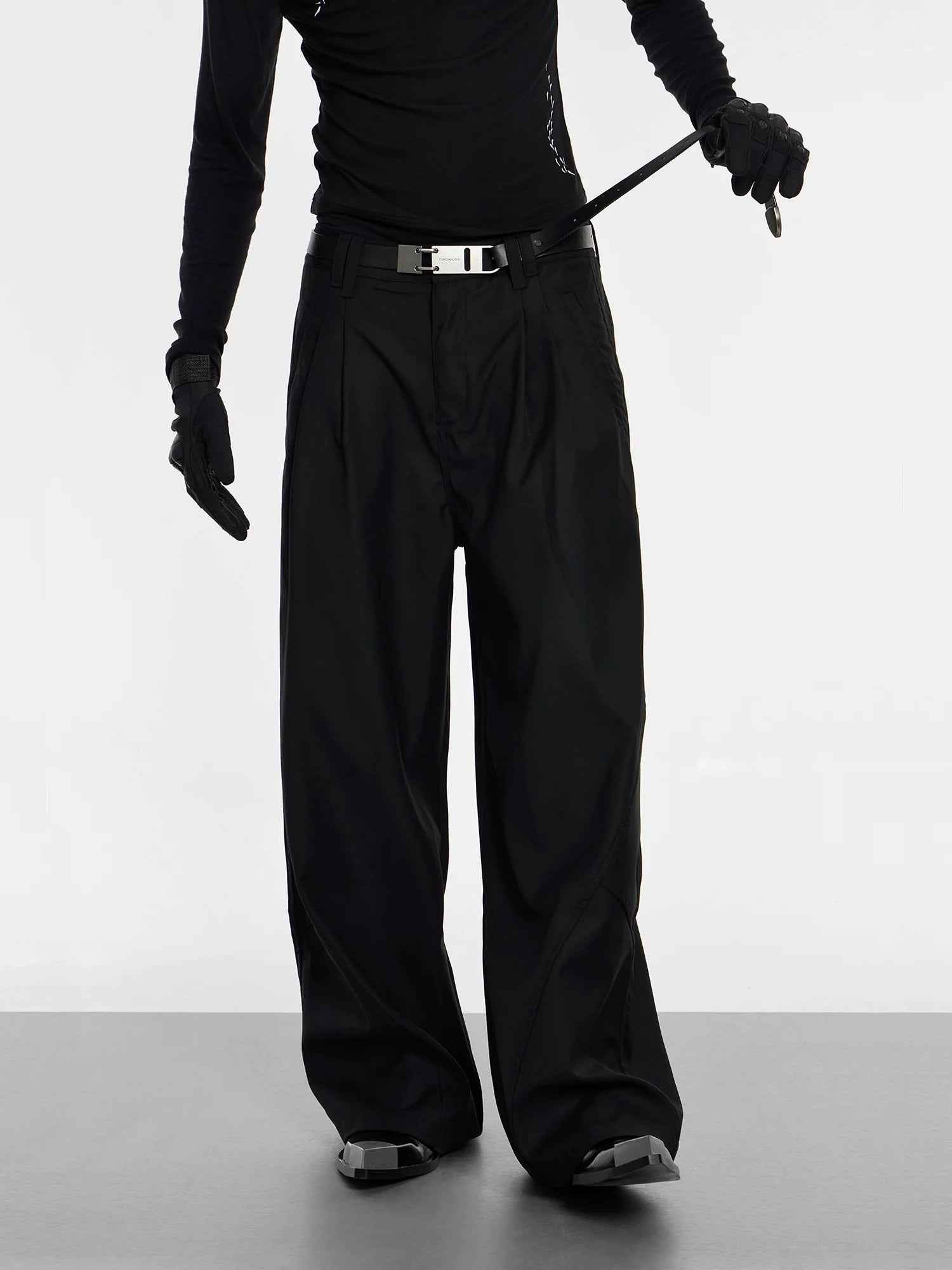 Wide Leg Black Double Pleat Pants