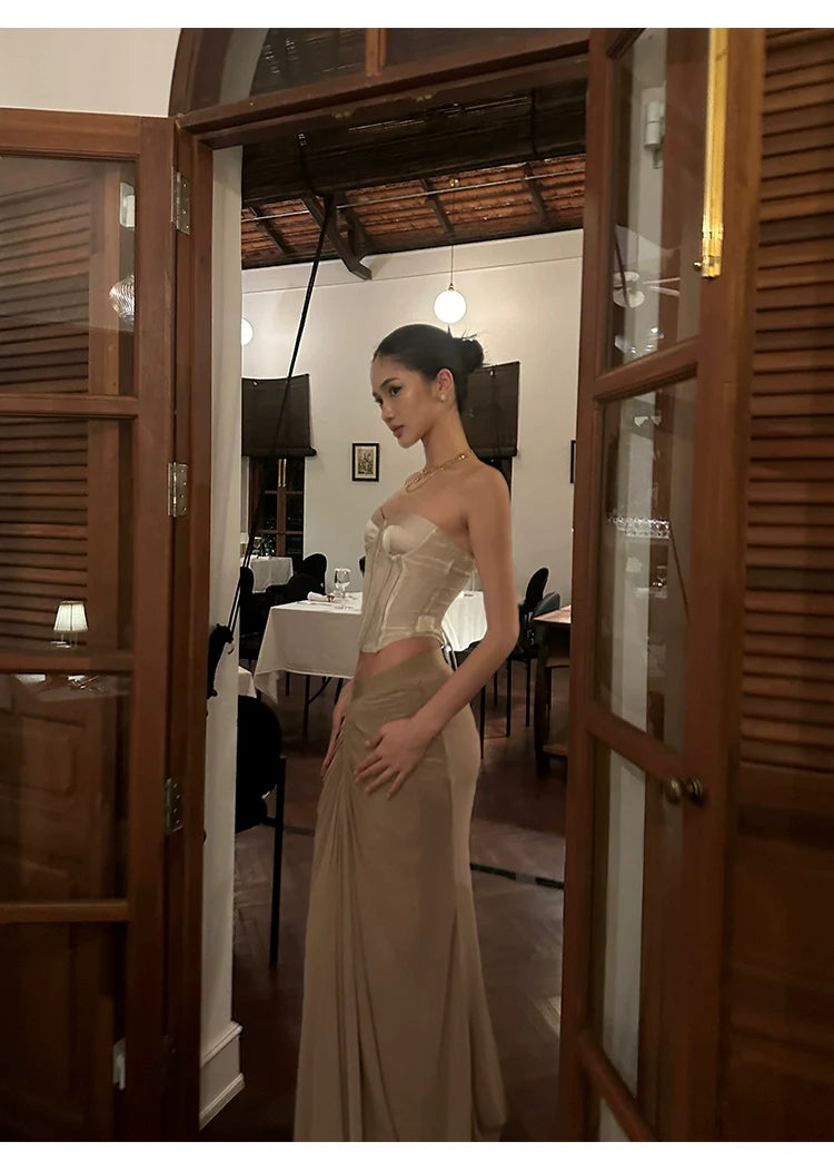 Taupe Ruched V-Waist Maxi Skirt