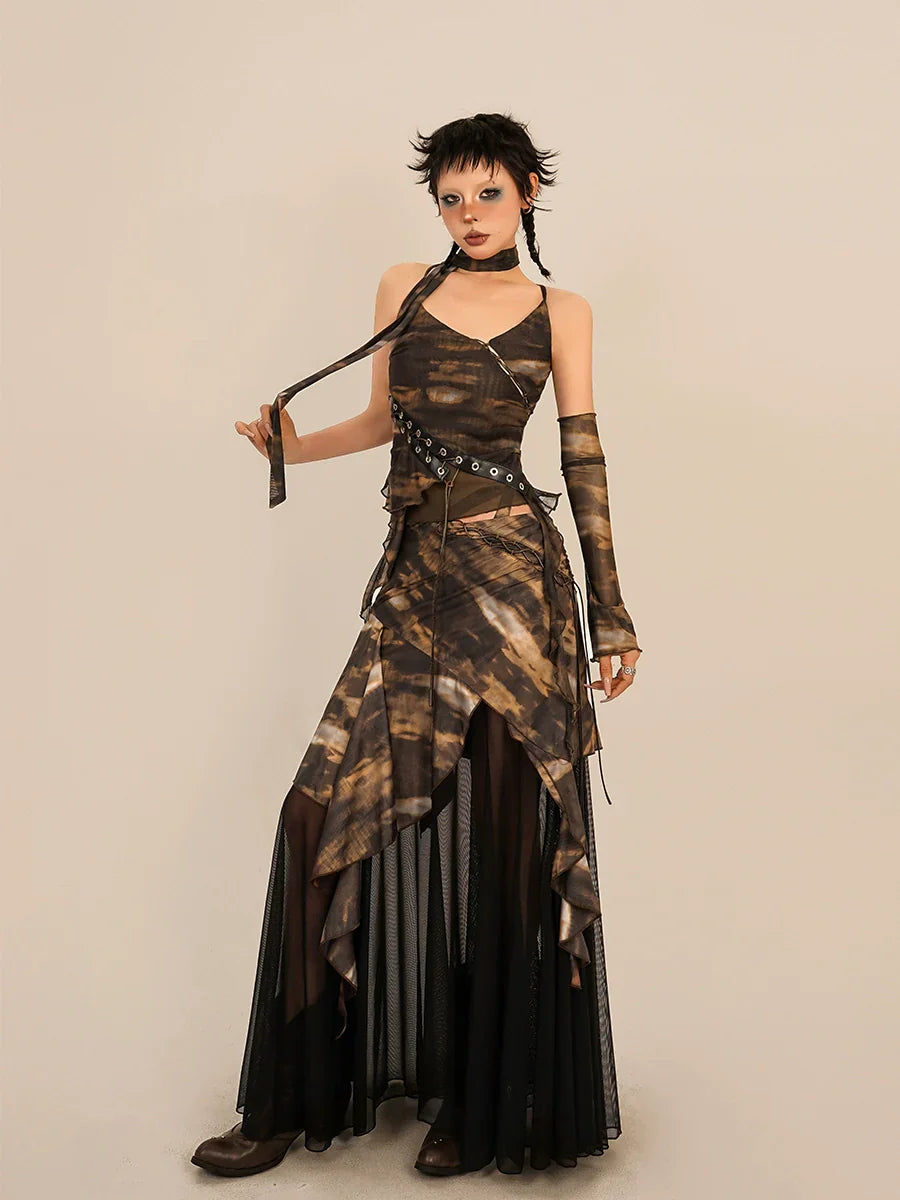 Nico Molly Abstract Tie-Dye Asymmetrical Skirt - Brown and Black