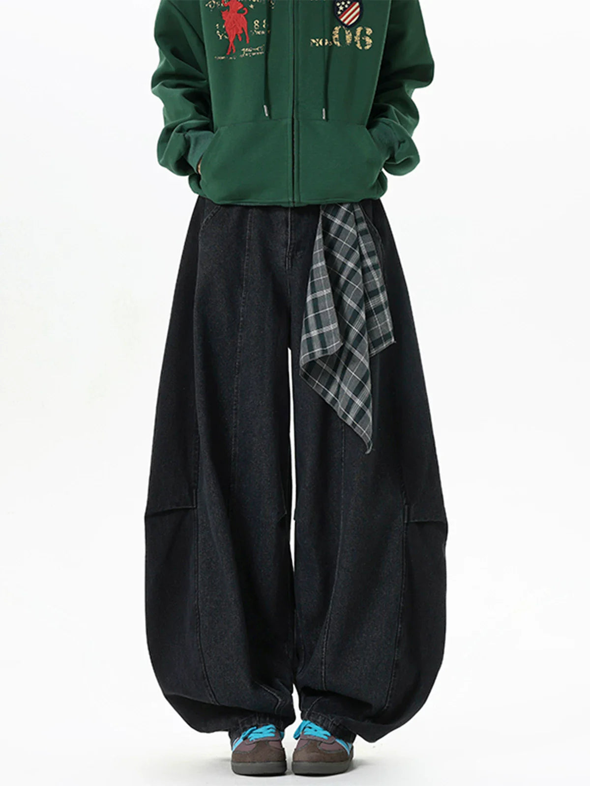 Plaid-Tie Barrel Denim Pants