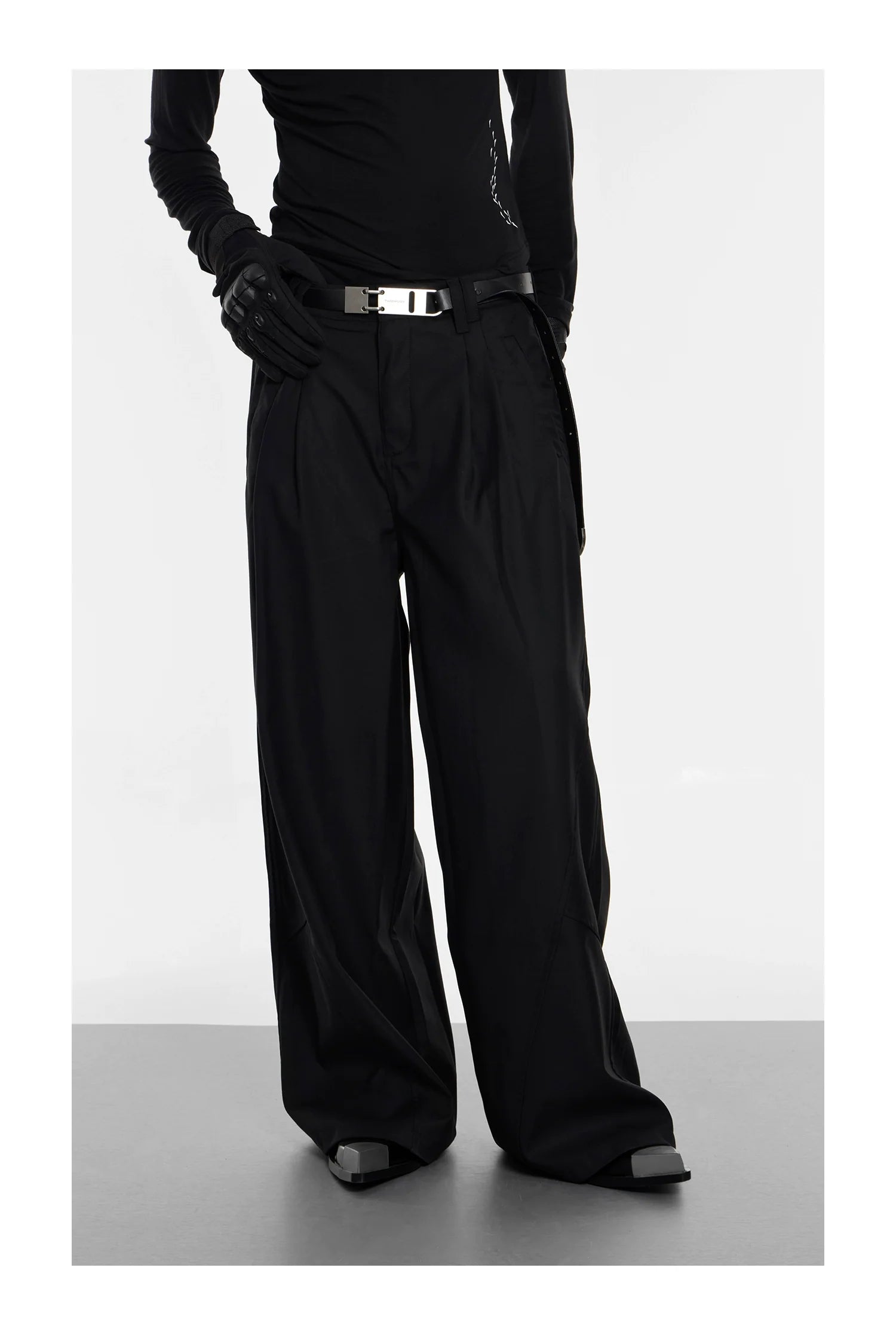 Wide Leg Black Double Pleat Pants