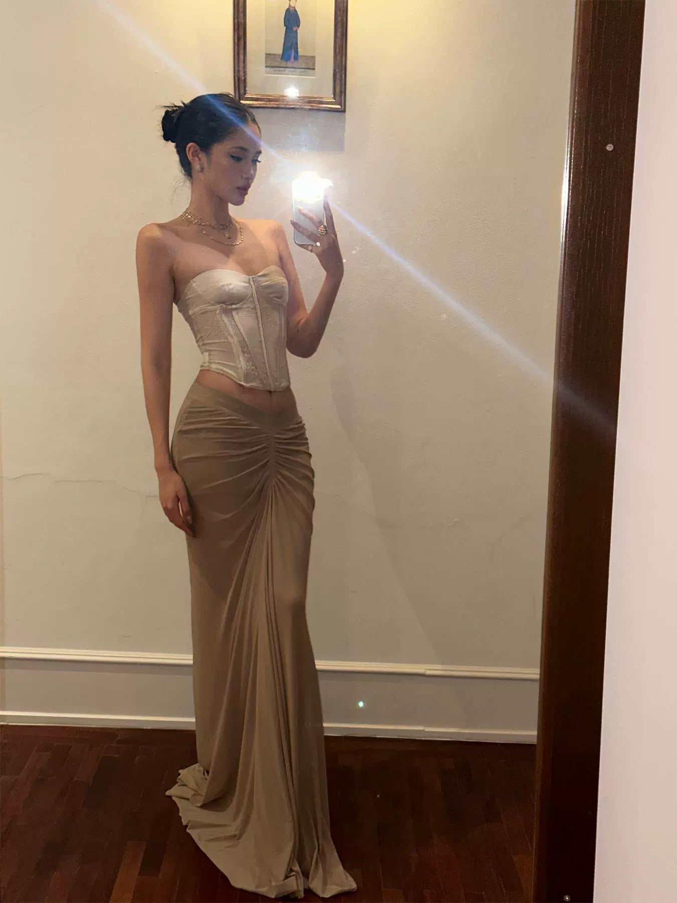 Taupe Ruched V-Waist Maxi Skirt