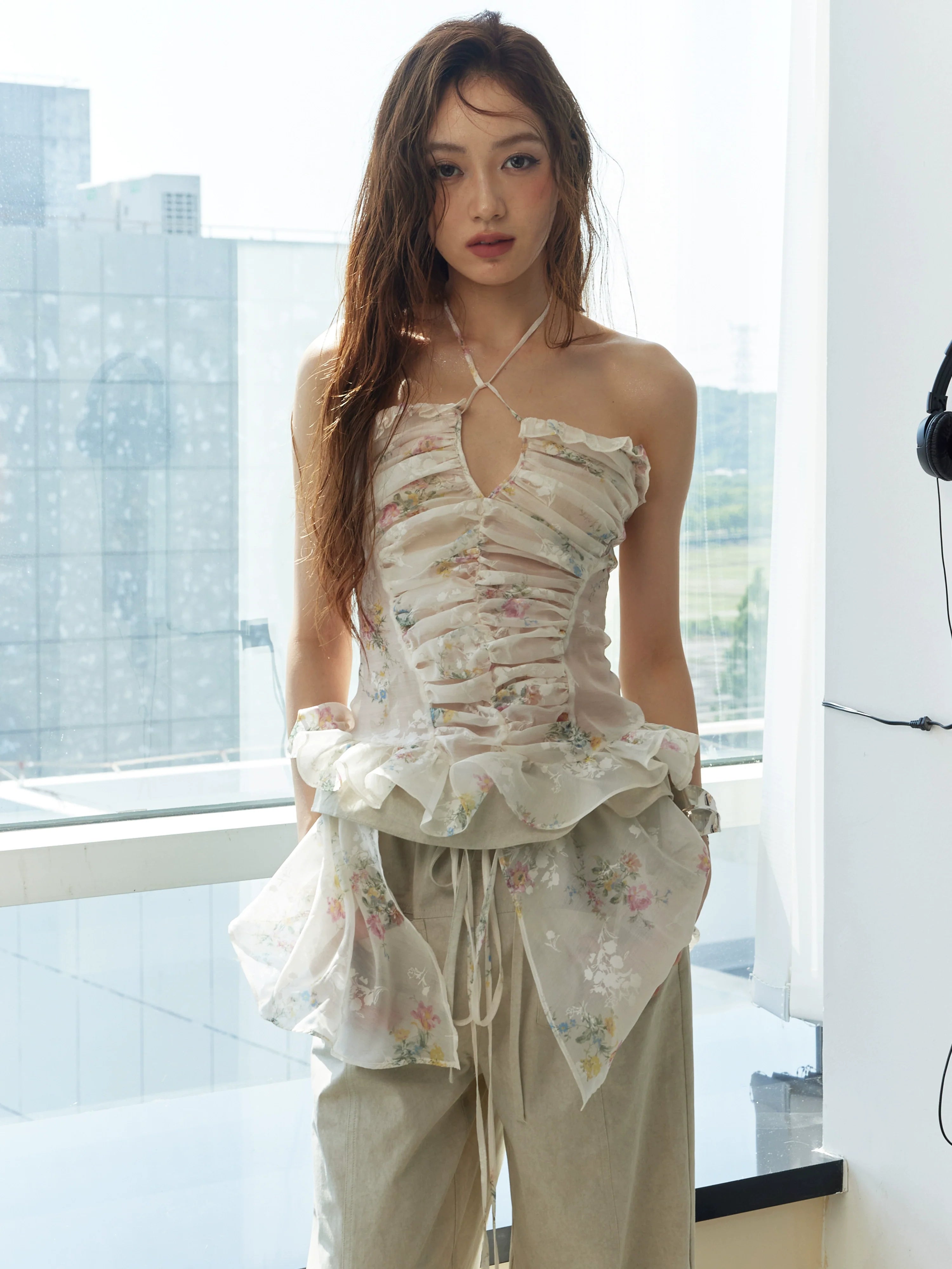 Beige Overlay Wide Pants