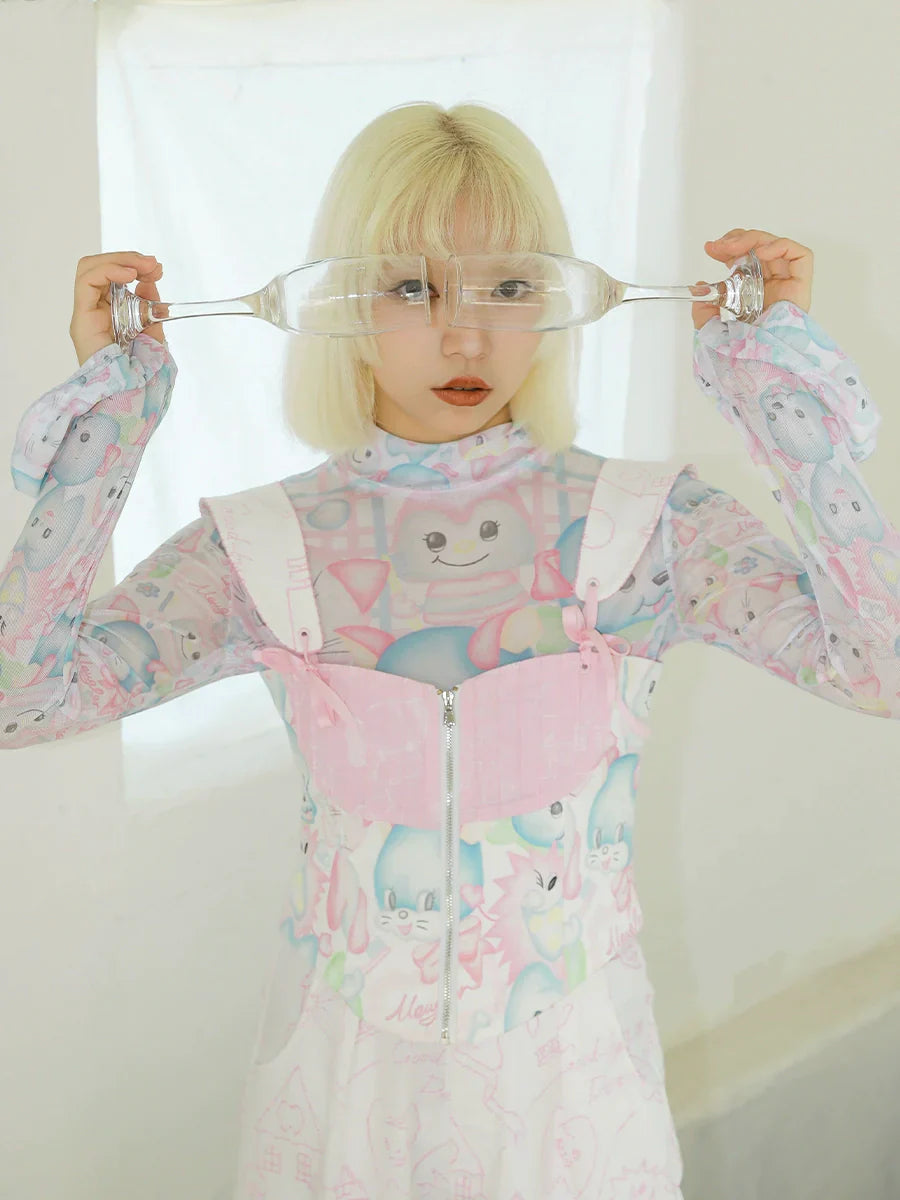 Sweet Bunny Print Bow Strap Corset