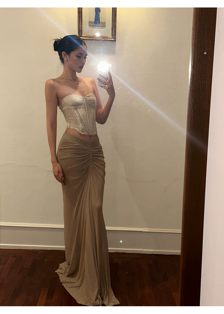 Taupe Ruched V-Waist Maxi Skirt