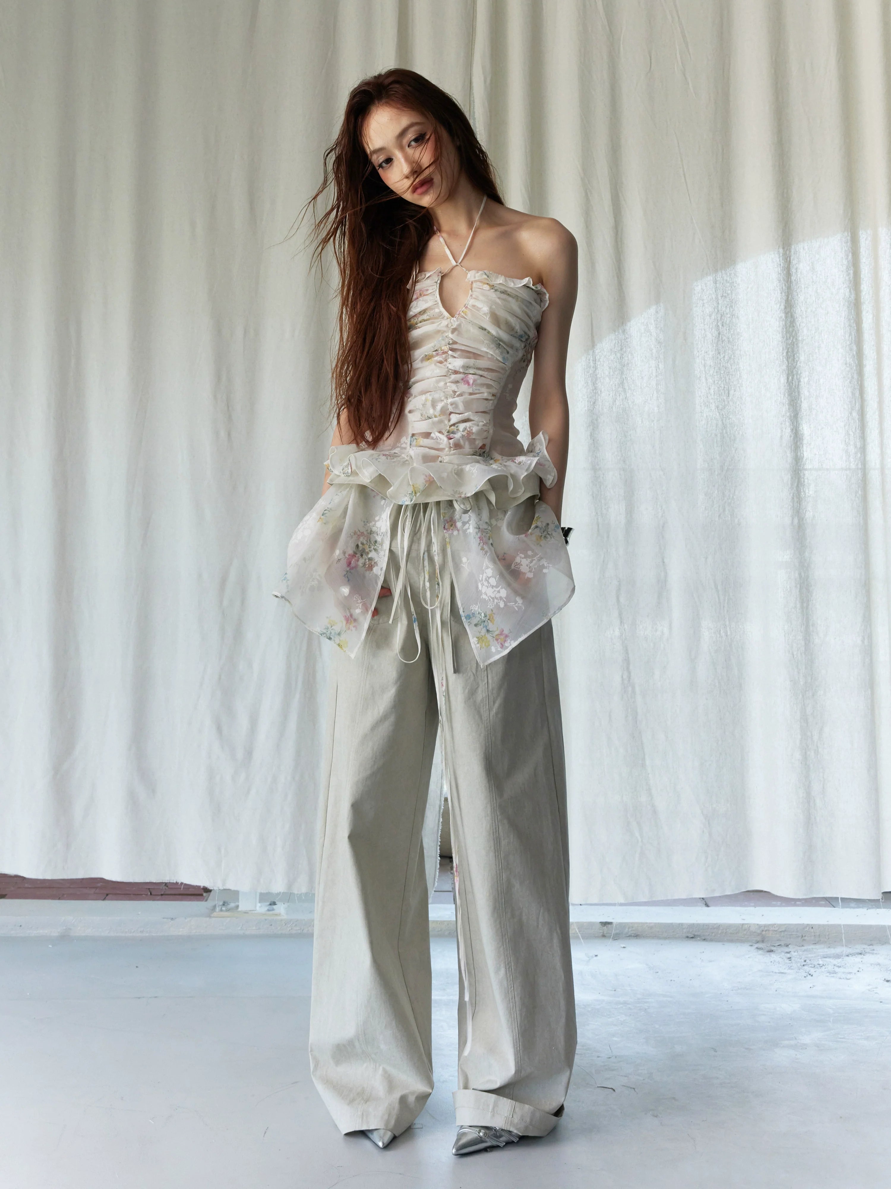 Beige Overlay Wide Pants