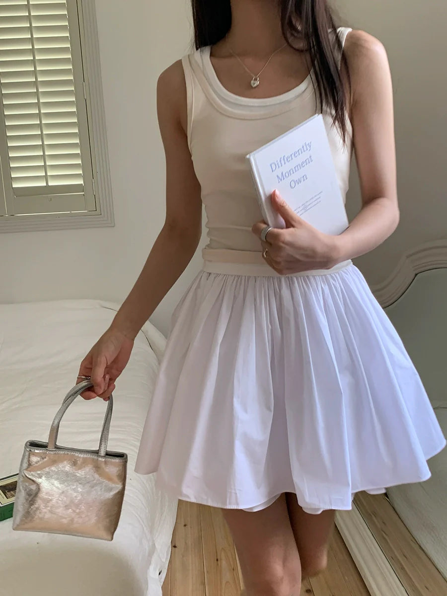 White Gathered Full Circle Skirt with Elastic Waist