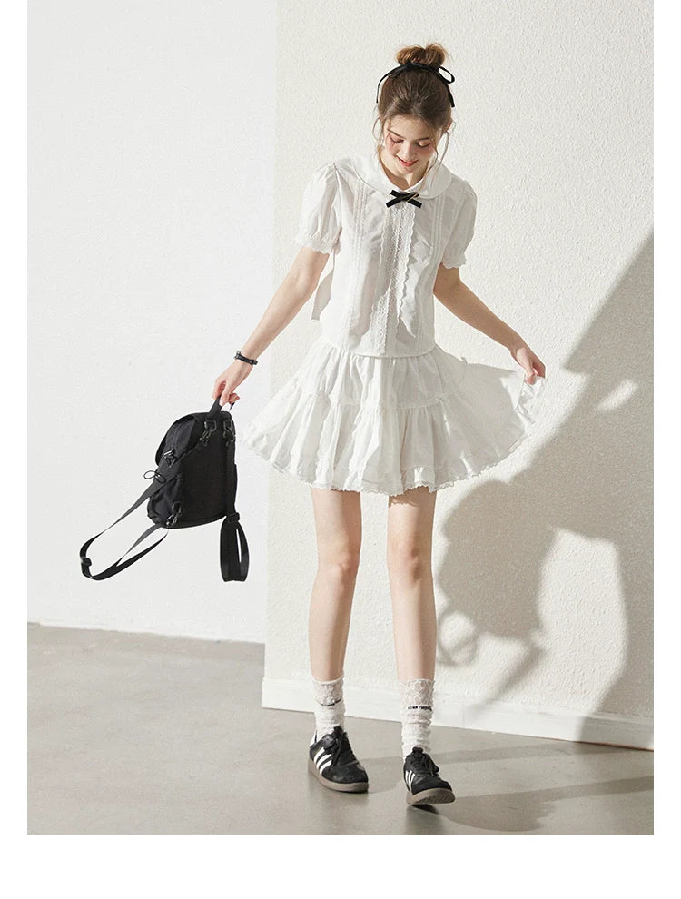 White Lace Peter Pan Collar Blouse and Skirt Set