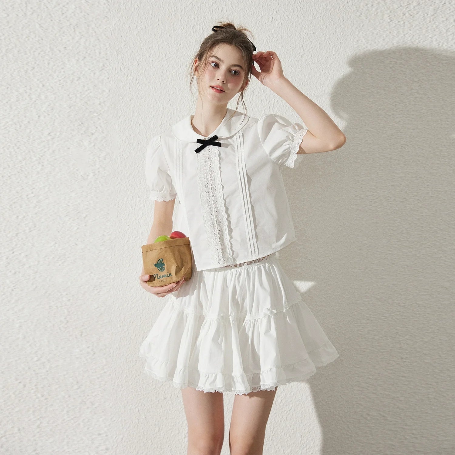 White Lace Peter Pan Collar Blouse and Skirt Set