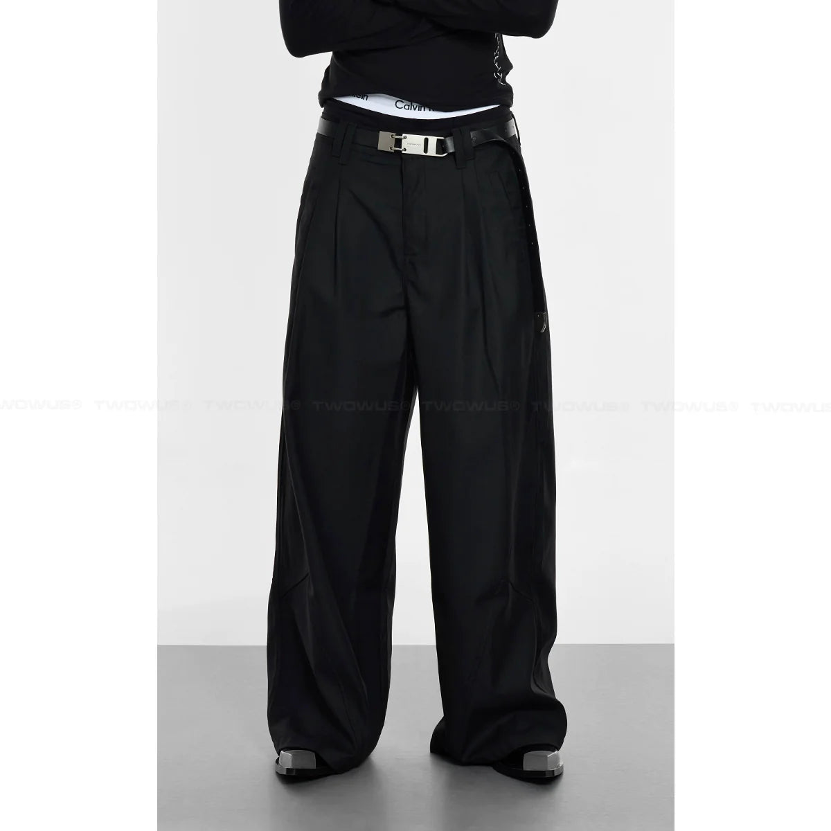 Wide Leg Black Double Pleat Pants