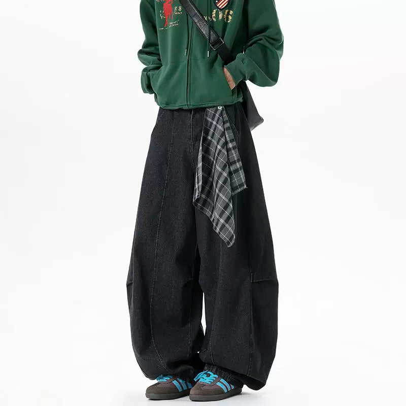 Plaid-Tie Barrel Denim Pants