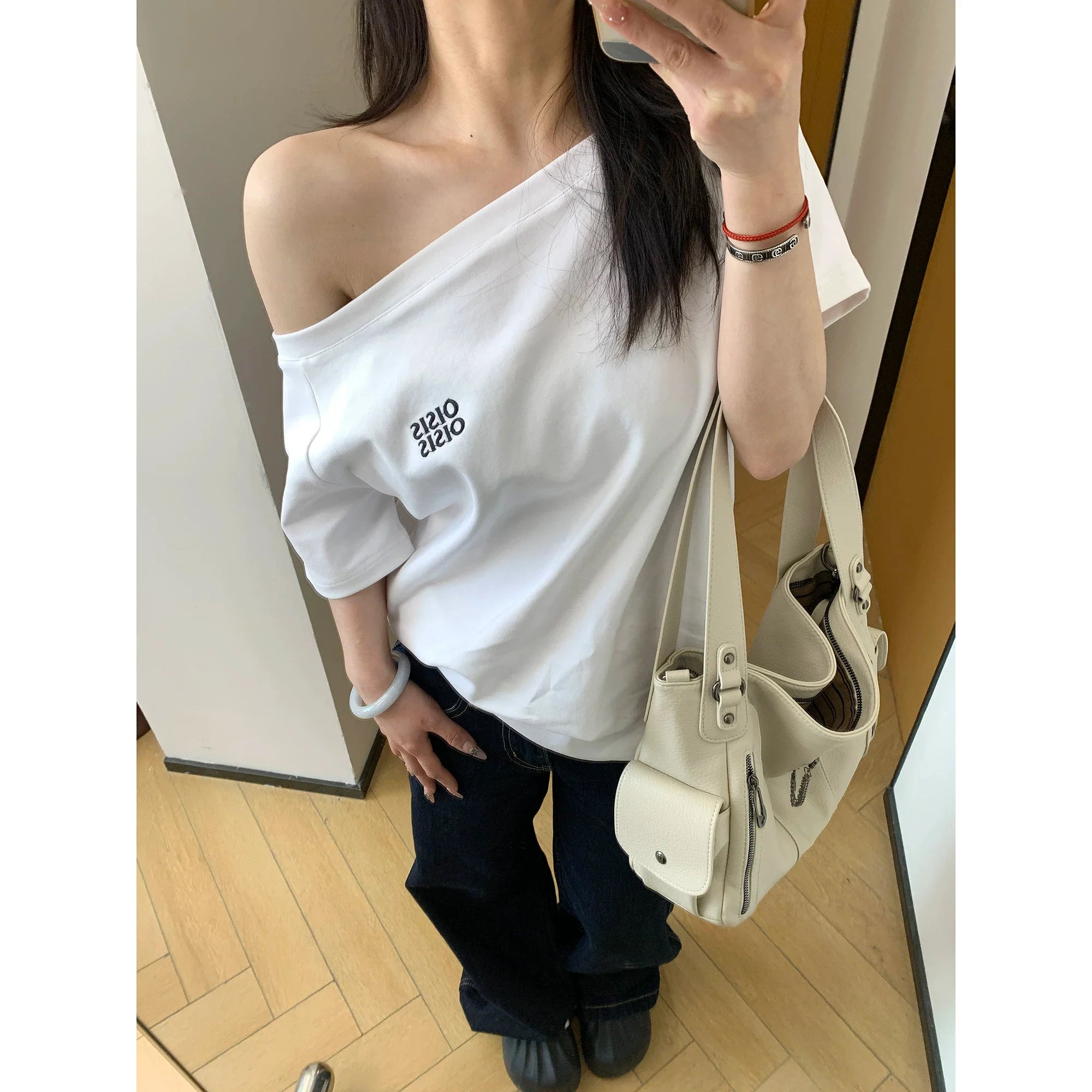 Ash Off-Shoulder Logo Tee