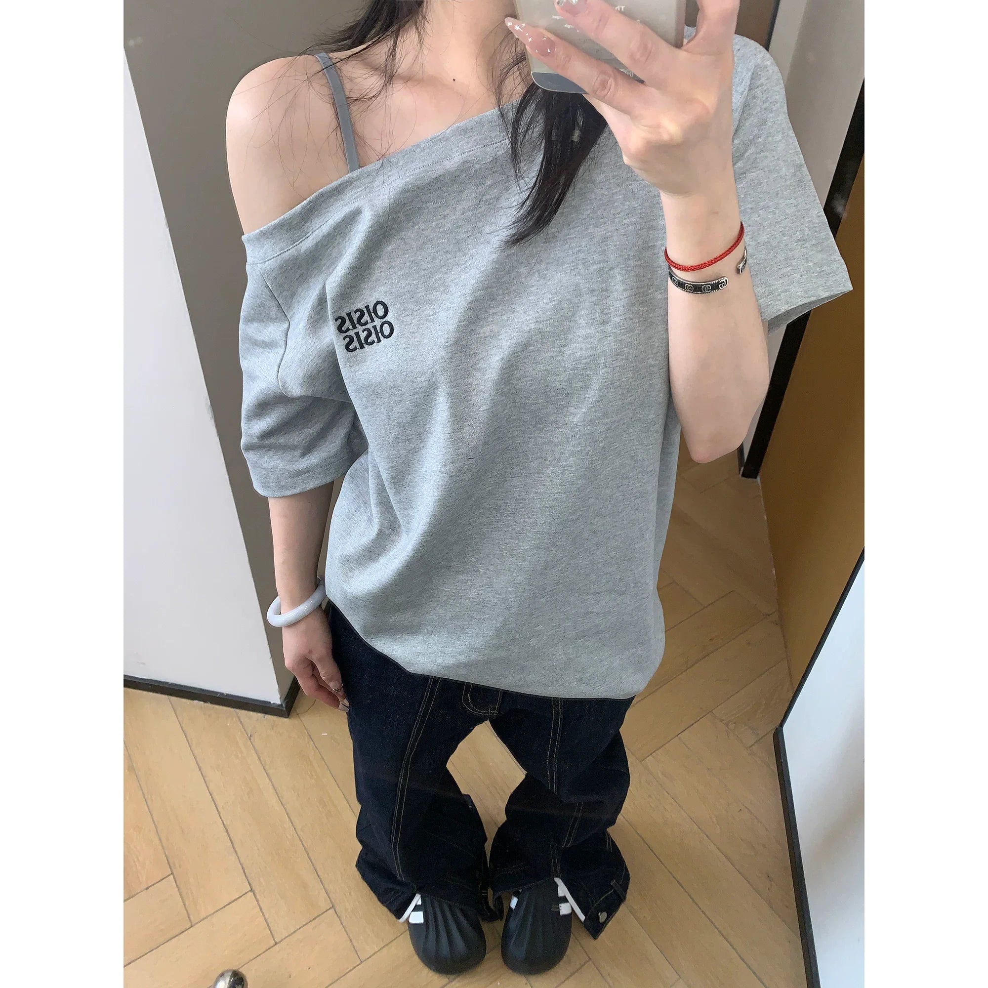 Ash Off-Shoulder Logo Tee