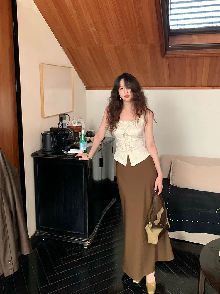 Twill Swing High-Waisted A-Line Midi Skirt