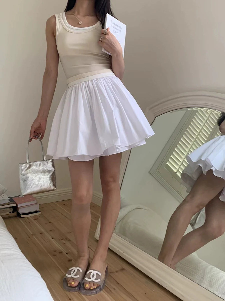 White Gathered Full Circle Skirt with Elastic Waist