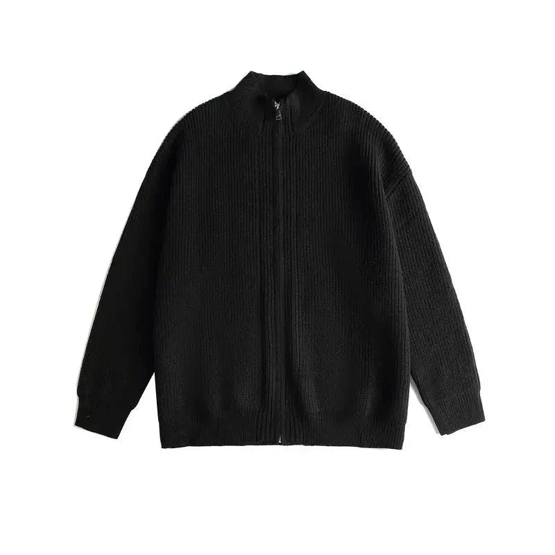 Solid Color Ribbed Zip Knit Cardigan