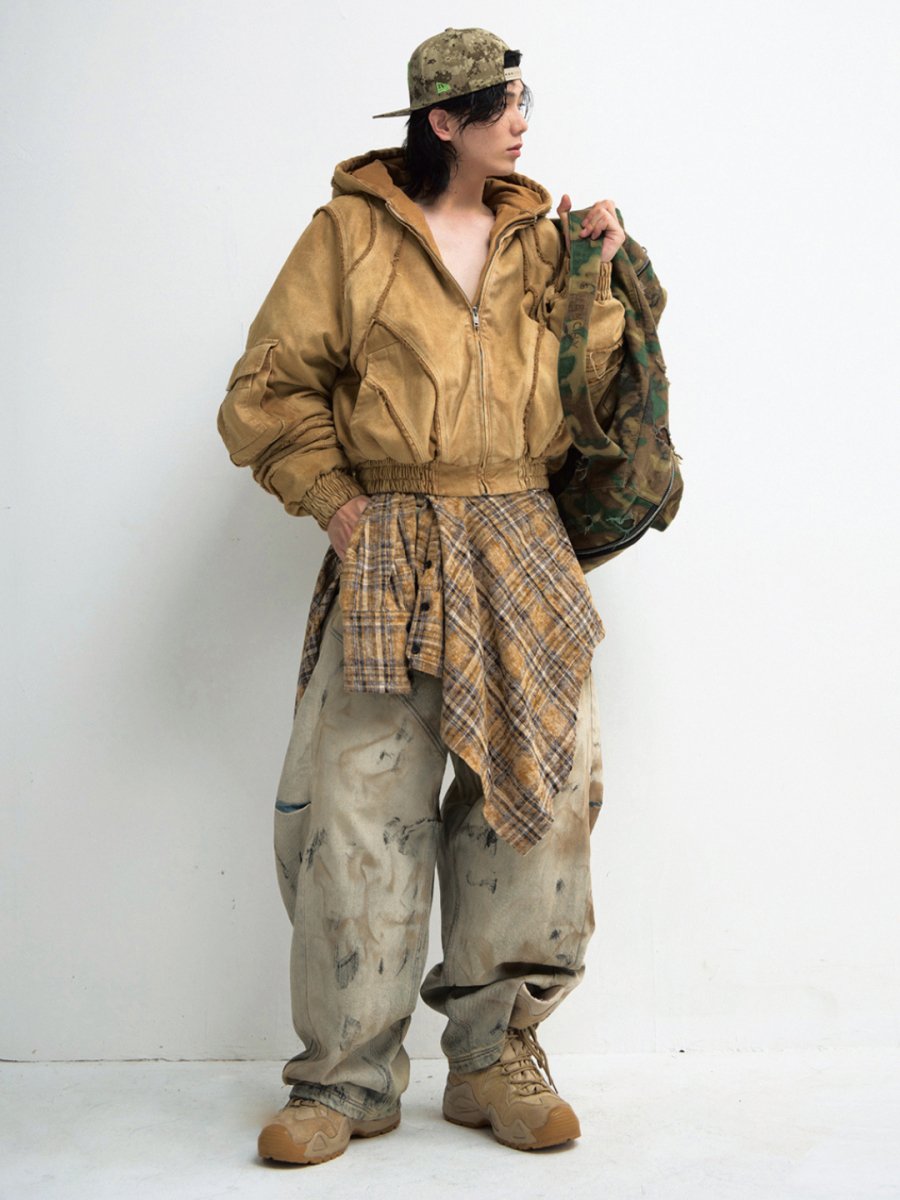 Washed Aged Wide-Leg Cargo Jeans