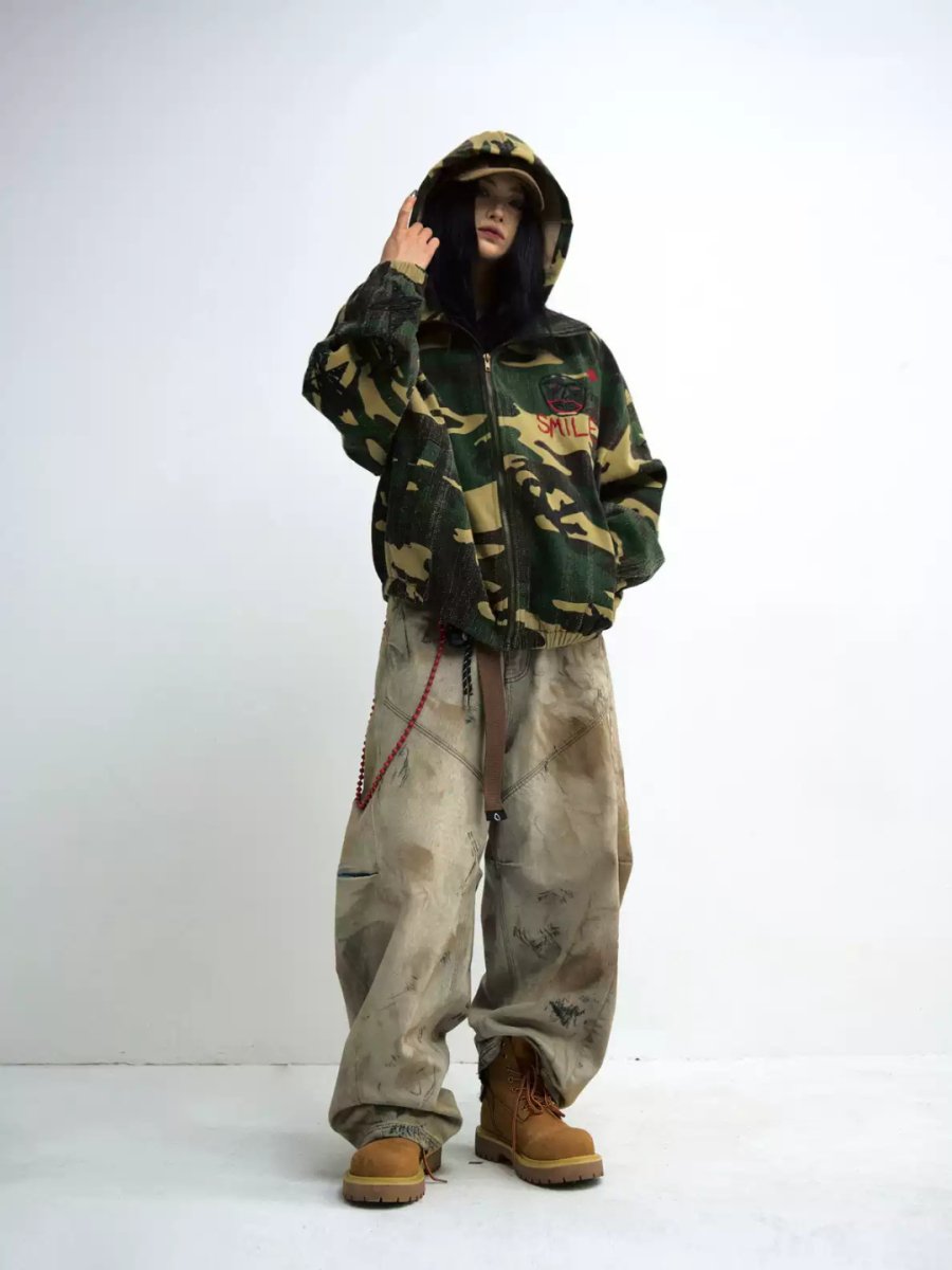 Washed Aged Wide-Leg Cargo Jeans