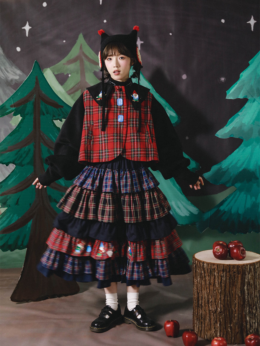 Plaid Gnome Print Tiered Ruffle Skirt
