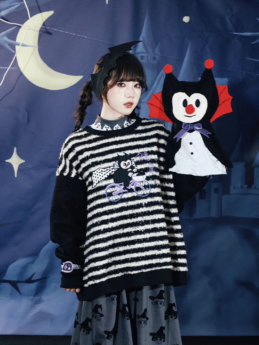 Striped Bat Bicycle Fuzzy Sweater