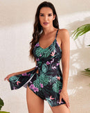 Tummy Control V Neck Twist Knot Floral Print Tropical Swimdress