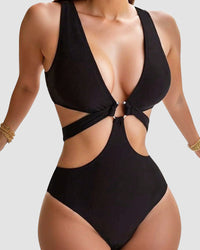 Metal O Ring Linked Cutout Low Cut One Piece Swimsuit