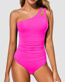 One Shoulder Tummy Control Patterned Back One Piece Swimsuit
