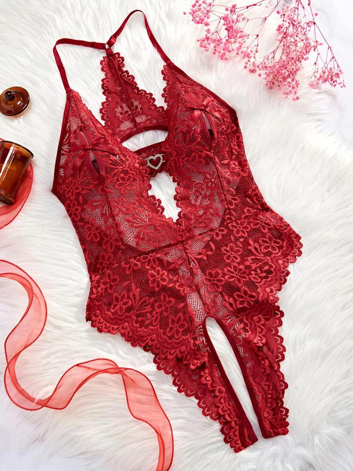 Lace Scallop Trim Crotchless Lingerie