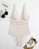 Striped Plunging Neck Bust Shaper One Piece Swimsuit