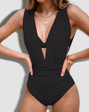 Deep Plunge Ruched Swimsuit with Halter Bra Two-Piece Set