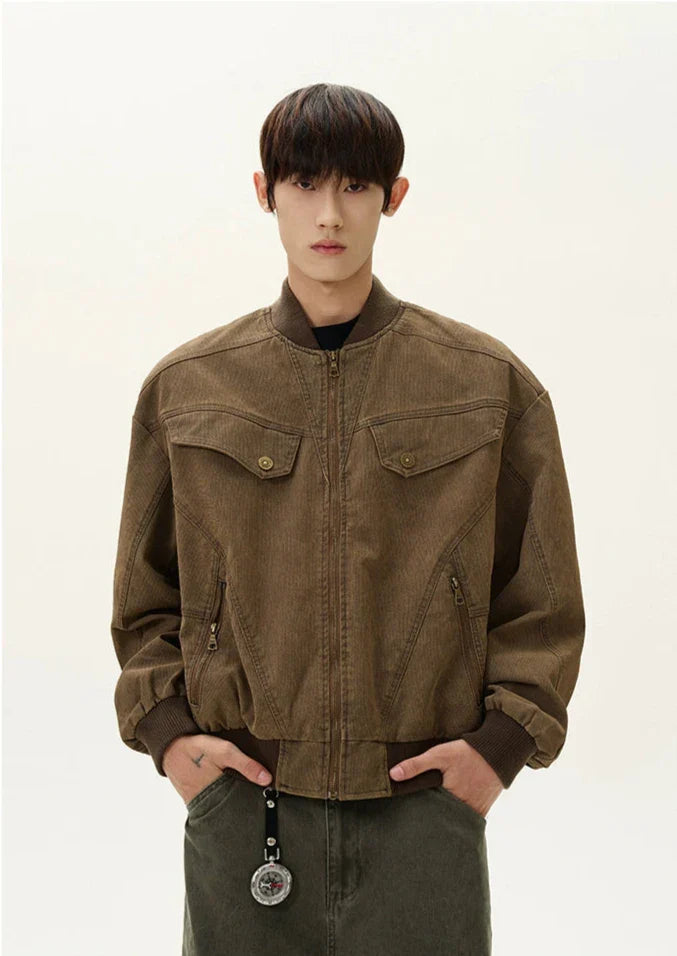 Ribbed Trim Corduroy Bomber Jacket