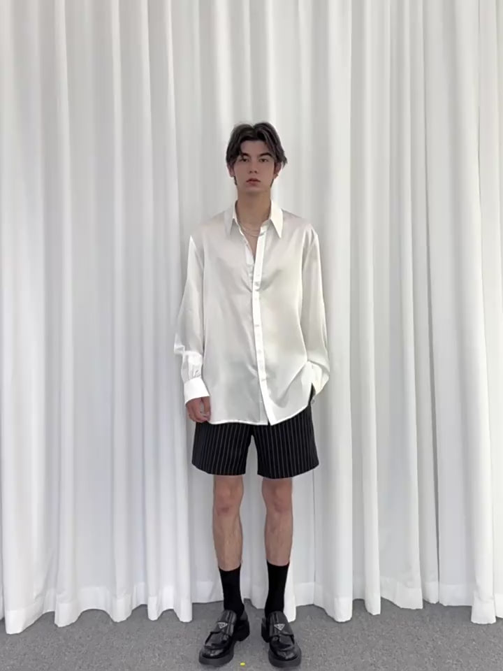 Weave Studio White Satin Button-Down Shirt - Oversized Long Sleeve