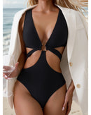 Metal O Ring Linked Cutout Low Cut One Piece Swimsuit