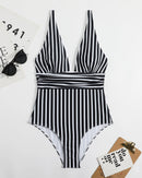 Striped Plunging Neck Bust Shaper One Piece Swimsuit