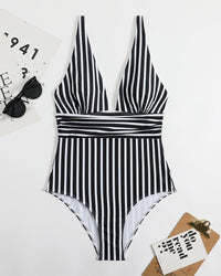 Striped Plunging Neck Bust Shaper One Piece Swimsuit